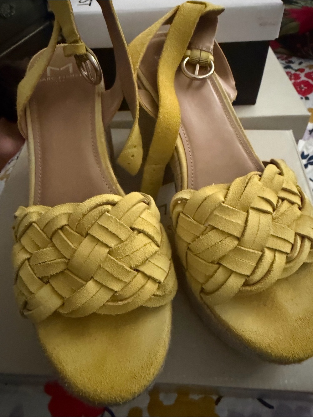 Marc Fisher Yellow Woven Suede Wedge Sandals